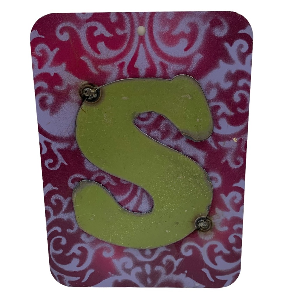 Handcrafted Welded Recycled Metal Letter S Art Sign Painted Purple & Green